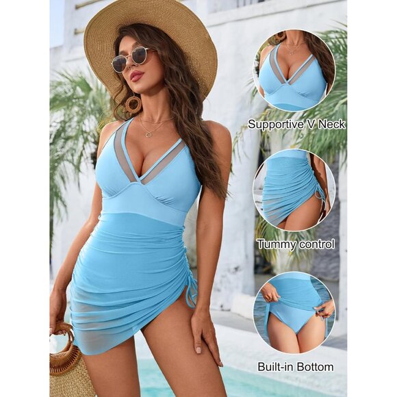 Women One Piece Swim Dress Tummy Control Mesh Sheer Sarong Bathing Suit - Picture 2 of 5